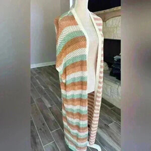 Torrid Duster Vest Size 1X 2X Green Peach Stripe Sweater Crochet Open Front